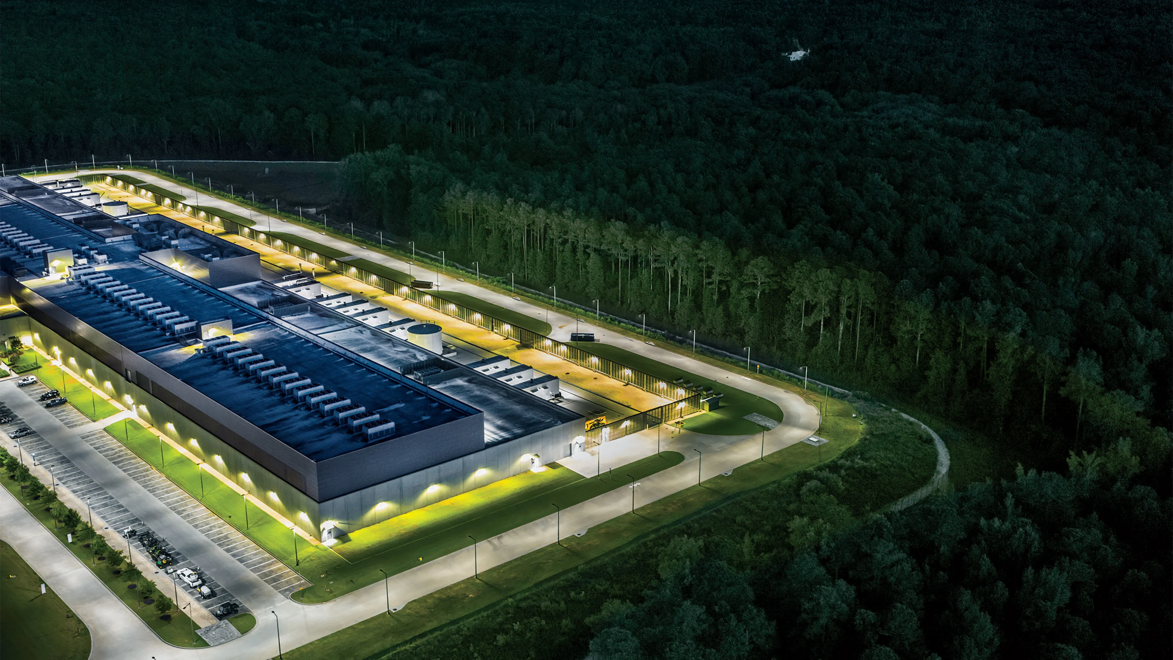 Data center aerial at night